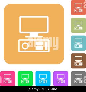 Old personal computer flat icons on rounded square vivid color backgrounds. Stock Vector