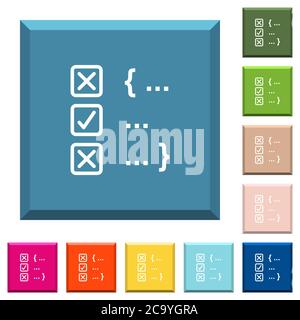 Source code checking white icons on edged square buttons in various trendy colors Stock Vector