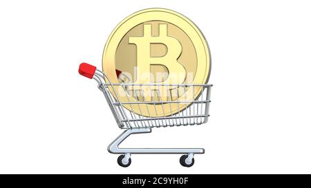 Shopping trolley with coins bitcoin, the concept of investment, exchange or purchase cryptocurrency money. 3d rendering, isolated on white background Stock Photo