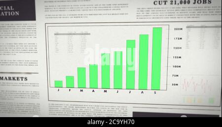 Newspaper with a chart showing positive development. Financial information on paper - Rising number diagram. Increasing sales. Stock Photo