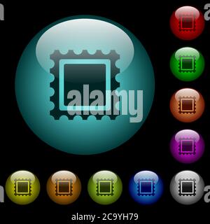 Postal stamp icons in color illuminated spherical glass buttons on black background. Can be used to black or dark templates Stock Vector