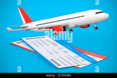 3d render of two airline, air flight tickets with airplane, airliner on the blue background. Stock Photo