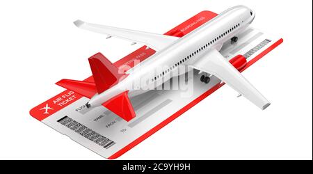 Commercial airplane, airliner with air flight tickets . Passenger plane with a red tail wing, take Off. 3D rendering isolated on white background. Stock Photo