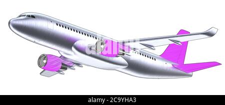 High detailed white airliner with a purple tail wing, 3d render on a white violet. Airplane Take Off, pop art 3d illustration. Airline Concept Travel Stock Photo