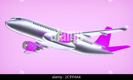 High detailed white airliner with a purple tail wing, 3d render on a white violet. Airplane Take Off, pop art 3d illustration. Airline Concept Travel Stock Photo