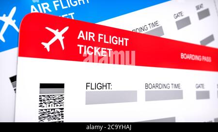 Two airline, air flight tickets. Red and blue boarding pass, close up 3d renderi isolated on white background Stock Photo