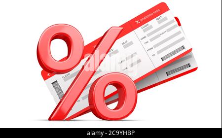 3D Percent or discount Symbol with Two red airline boarding pass tickets isolated on white. 3d rendering. As a concept of discounts, sales, cheap air Stock Photo