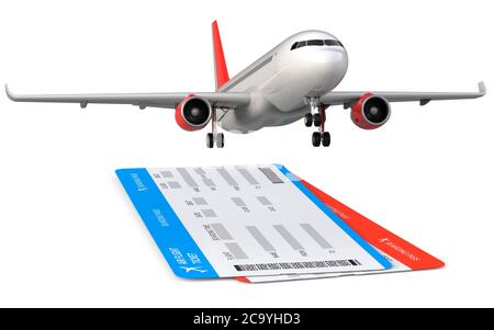 Commercial airplane, airliner with two airline, air flight tickets . Passenger plane take Off, 3D rendering isolated on white background. Stock Photo