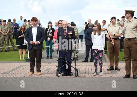 Captain Sir Tom Moore during a visit to the Army Foundation College in Harrogate, North Yorkshire as part of his new role as Honorary Colonel of the Northern military training establishment. Stock Photo