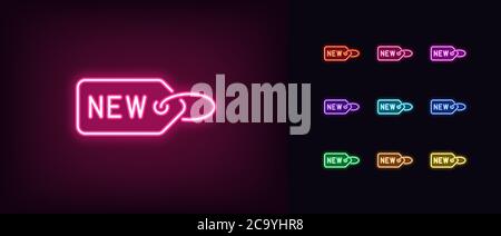 Neon label New. Glowing neon tag sign with text New, newest collection badge in vivid colors. New offer and arrival, fresh goods, product update. Icon Stock Vector