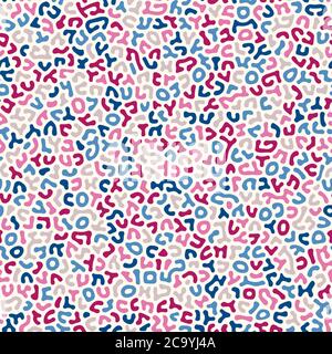 Faux ABC doodles, abstract seamless vector pattern. Made up symbols imitating alphabet letters. Pink and blue colors kids background. Stock Vector