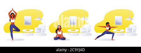 Home yoga exercise practice, meditation. Young woman doing yoga in modern room. Vector flat cartoon illustrations. Healthy lifestyle and relaxing time Stock Vector