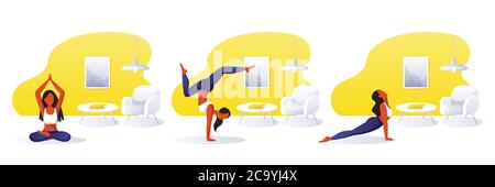 Young girl doing yoga in modern room. Vector flat cartoon character set. Home yoga exercise practice, meditation. Healthy lifestyle and relaxing time Stock Vector