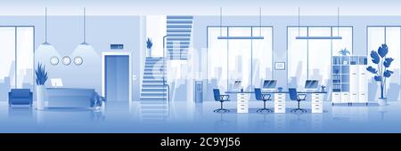 Empty contemporary office interior. Vector illustration. Horizontal architecture background in blue color. No people in room. End of business day or c Stock Vector