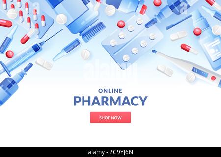 Medicine and pharmacy abstract background in blue and white colors. Drugstore banner or poster design template with pills, drugs, medical bottles. Vec Stock Vector