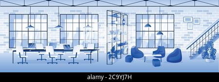 Empty contemporary office interior horizontal background. Vector illustration. Modern workspace design. Nobody in room. End of business day or company Stock Vector