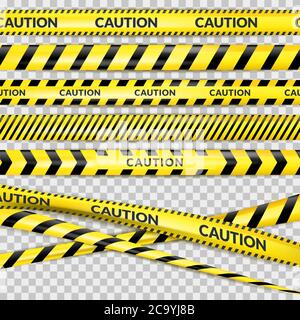 Caution security tape on transparent background. Vector 3d realistic illustration of protective danger line. Reconstruction or maintenance, safety bar Stock Vector