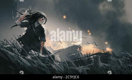 a female hunter with bow in battlefield, digital art style, illustration painting Stock Photo