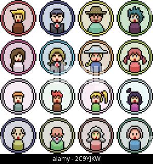 pixel art set isolated people face icon Stock Vector