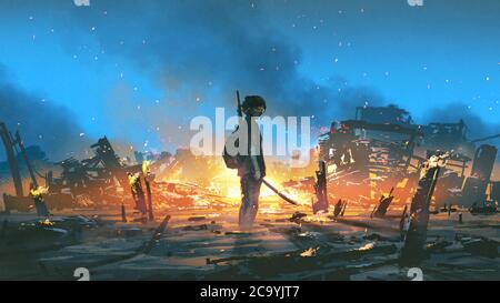 young survivor in the apocalyptic world, digital art style, illustration painting Stock Photo