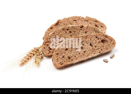 Bread slices  and wheat isolated on white Stock Photo