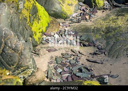 An accretion of pebbles in a tidal rock pool on a beach Stock Photo