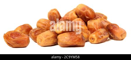 Bowl of pitted Sweet dried dates fruit isolated on white background. - Image Stock Photo