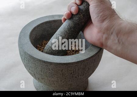 The hand of an adult Caucasian man grinds random medicinal roots and herbs in stone mortar. Mixture of dried medicinal herbs is ground by hand. Altern Stock Photo