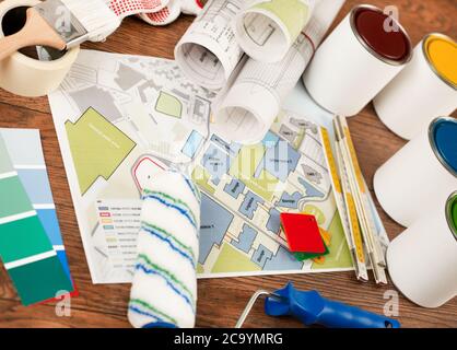 Construction plans and tools Stock Photo