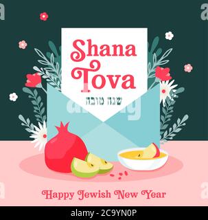Greeting card with envelope and symbols of rosh hashanah, Jewish new year. Shana Tova. Blessing of Happy new year in Hebrew and English. Vector Stock Vector