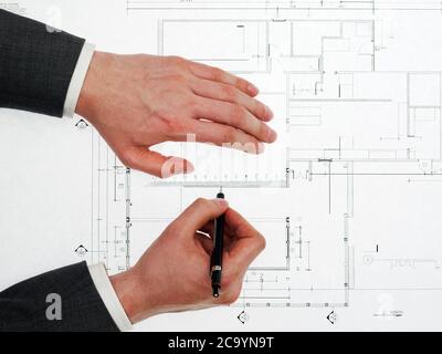 Architect working on blueprints Stock Photo