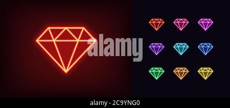Neon diamond icon. Glowing neon gem sign, jewel in vivid colors. Bright brilliant, luxury gemstone, diamond gift, royal jewelry, crystal shape. Icon s Stock Vector