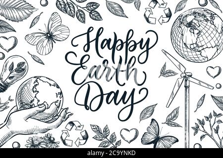Happy Earth Day banner or poster frame with hand drawn calligraphy lettering. Vector sketch illustration of environmental, nature and ecology symbols Stock Vector
