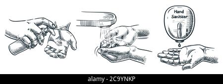 Hygiene, sanitation, disinfection, vector hand drawn sketch illustration. Human hand applying soap, antibacterial gel, antiseptic sanitizer. Washing h Stock Vector