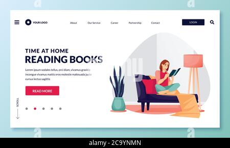 Woman sits on sofa in cozy room and reads book. Vector flat cartoon character illustration for banner, poster, web landing page. Relaxing time at home Stock Vector