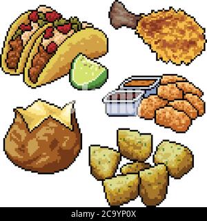 pixel art set isolated junk food snack Stock Vector