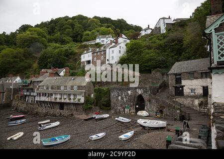 Dry boats in the tiny harbour of Clovelly, Devon UK Stock Photo