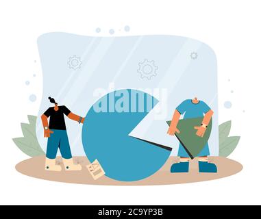 Data analytics. Financial report concept. Business presentation preparation. Tiny people with huge circular diagram and graph. Vector flat illustratio Stock Vector