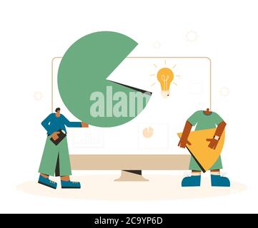 Data analytics. Financial report concept. Business presentation preparation. Tiny people with huge computer monitor with circular diagram and graph. V Stock Vector