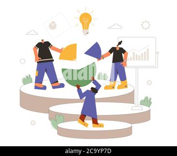 Data analytics team. Financial report concept. Business presentation preparation. Tiny people with huge circular diagram and graph. Teamwork. Vector f Stock Vector