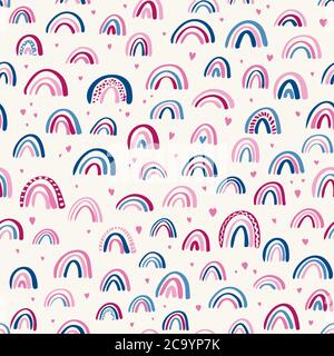 Cute childish rainbows and hearts seamless vector pattern. Nursery children pattern. Scandinavian wallpaper for kids. Hand drawn rainbow doodle backgr Stock Vector