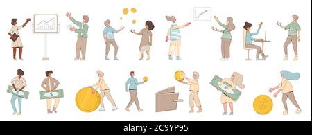 Financial set concept. Collection of people with money, business graphics isolated on white background. Income, investment reports, exchange, young bu Stock Vector