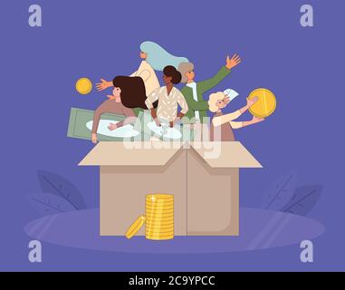 Fundraising concept. People in the  box holding money the have got from volunteers. Line art flat vector illustration. Stock Vector
