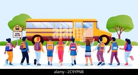 Back to school or first day at school concept. Kids schoolchildren with backpacks run to yellow bus. Vector flat cartoon back view illustration Stock Vector