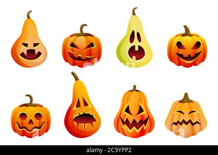 Halloween scary emotion pumpkins icons set. Vector flat cartoon illustration. Horror Jack o lanterns faces expression. October autumn holidays funny d Stock Vector