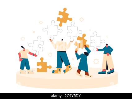 Teamwork concept. Business team coworking Tiny people with huge puzzles pieces. Collaboration. Vector flat illustration. Stock Vector