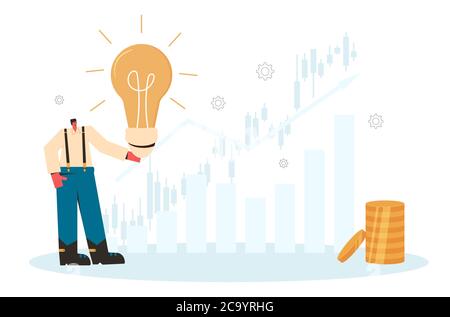 Ivestment idea concept. Stock market boom. Man with lightbulb and coins stack. Vector flat illustration. Stock Vector