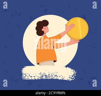 Financial literacy for kids concept. Teenager with gold coin portrait. Line art flat vector illustration. Stock Vector