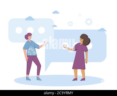Communication concept. Two friends wearing in casual clothes standing and talking about something. Young man and woman holding phones in their hands. Stock Vector