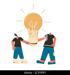 Creative idea team. Startup project concept. Find a solution together. Vector characters with creative new idea symbol isolated on white background. Stock Vector